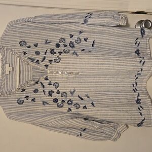 J. Jill Blue and White Striped Linen Top